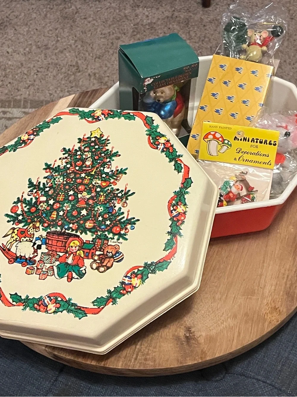 Vintage Christmas Tree Box with 3 Vintage Ornaments and 1 Santa Miniature